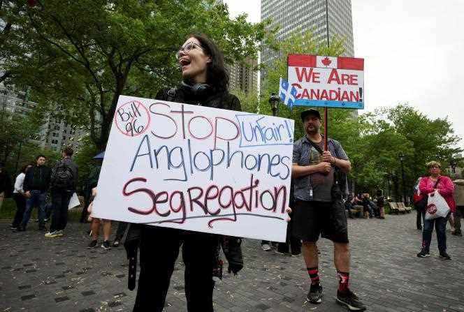 English-speaking opponents of Quebec's French language law 96 demonstrate in downtown Montreal, Quebec, Canada, May 26, 2022. 