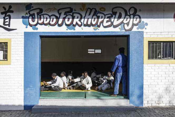 Congolese coach Rudolph Ngala and his young judokas, in the township of Alexandra, South Africa, June 6, 2022. 