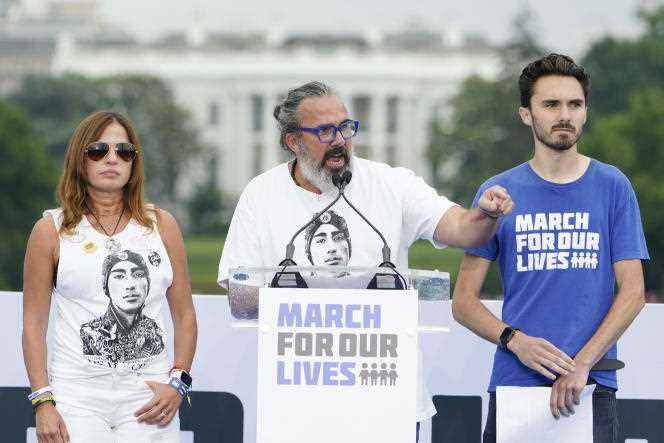 Parents of one of the victims of the 2018 Parkland, Florida shooting stand with one of the survivors, David Hogg, at the second March for Our Lives, demanding gun control, in Washington, D.C. June 11, 2022. 