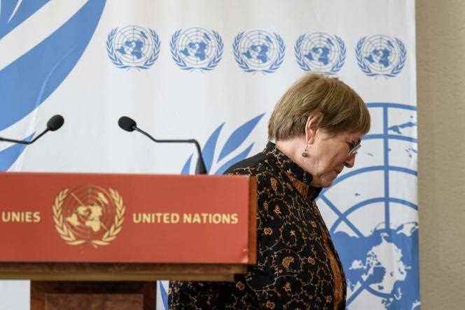 Michelle Bachelet, UN High Commissioner for Human Rights, after speaking to the press at the opening of the 50th session of the UN Human Rights Council, in Geneva, on June 13, 2022. 