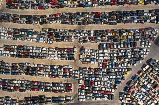 Aerial view of a car graveyard, in Malaga, Spain, July 21, 2020.