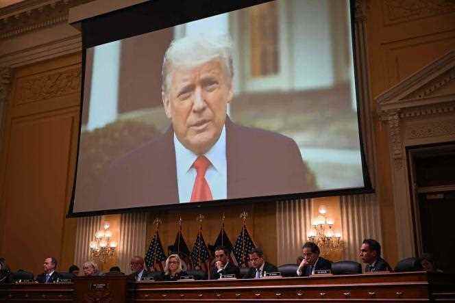 Donald Trump appears onscreen during the sixth hearing of the House of Representatives Select Committee investigating the January 6, 2021 assault on the Capitol, in Washington, June 28, 2022. 