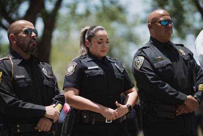 The police chief of Uvalde (right) next to two other police officers, two days after the shooting at a school in his town, Texas, United States, May 26, 2022.