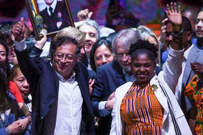 The elected president of Colombia, Gustavo Petro, with his running mate, Francia Marquez, celebrate their victory on June 19, 2022 in Bogota.