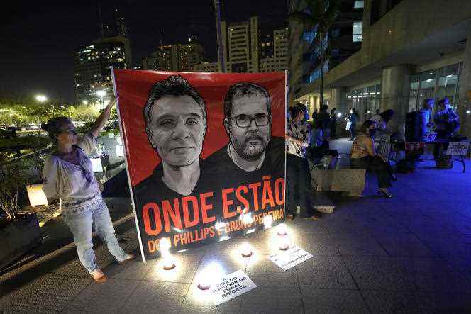 Members of the National Indigenous Foundation (FUNAI) hold a poster with images of British journalist Dom Phillips (left), and anthropologist Bruno Araujo Pereira, with the phrase “Where are they?  » written in Portuguese, during a vigil in Brasilia, Thursday, June 9th.
