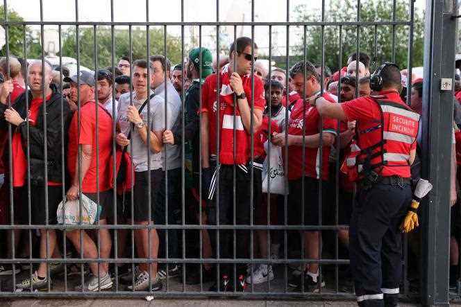 Liverpool fans at the gates of the Stade de France, during the Champions League final, Saturday May 28, 2022.
