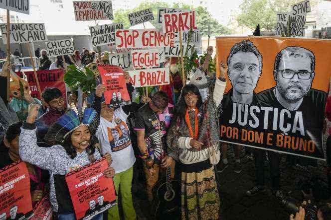 A demonstration of support in honor of journalist Dom Phillips and Brazilian expert on indigenous populations Bruno Pereira, in Sao Polo, Brazil, on June 18, 2022.