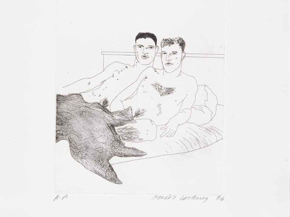 Illustration: Two naked men lie side by side in a bed