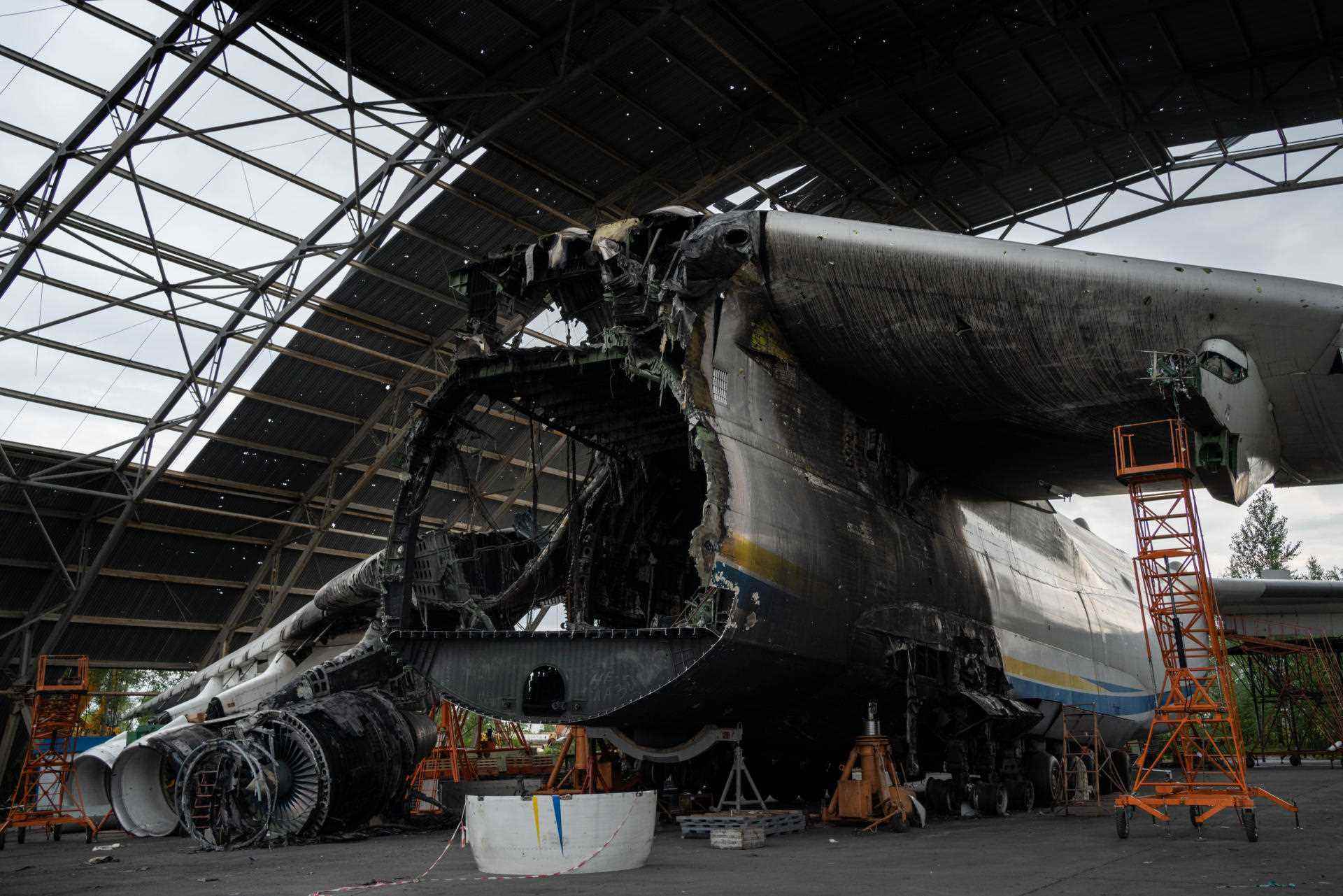 The remains of the Antonov 225 cargo plane lie on the military airfield in Hostomel (kyiv region), July 11, 2022.