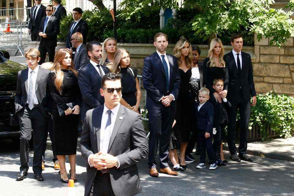 From left to right: Kimberly Guilfoyle, Donald Trump Jr., Vanessa Trump, Eric Trump, Lara Trump, Ivanka Trump and Jared Kushner attend Ivana Trump's funeral with their children at St. Vincent Ferrer Church on July 20, 2022 in New York .