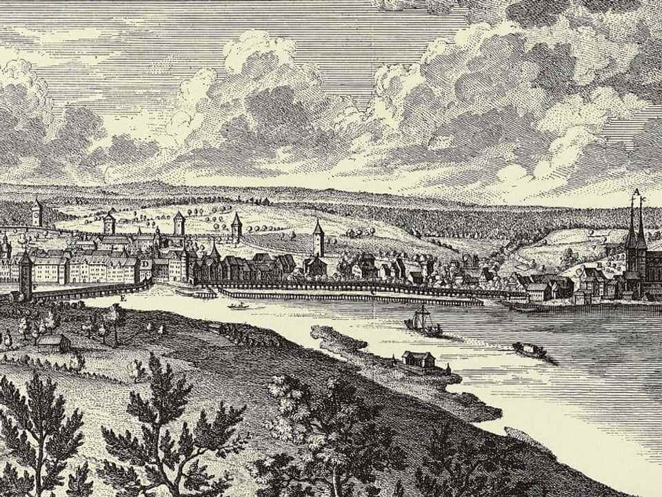 Copper engraving from 1758 with the Kapellbrücke, Hofbrücke and the Hofkirche.