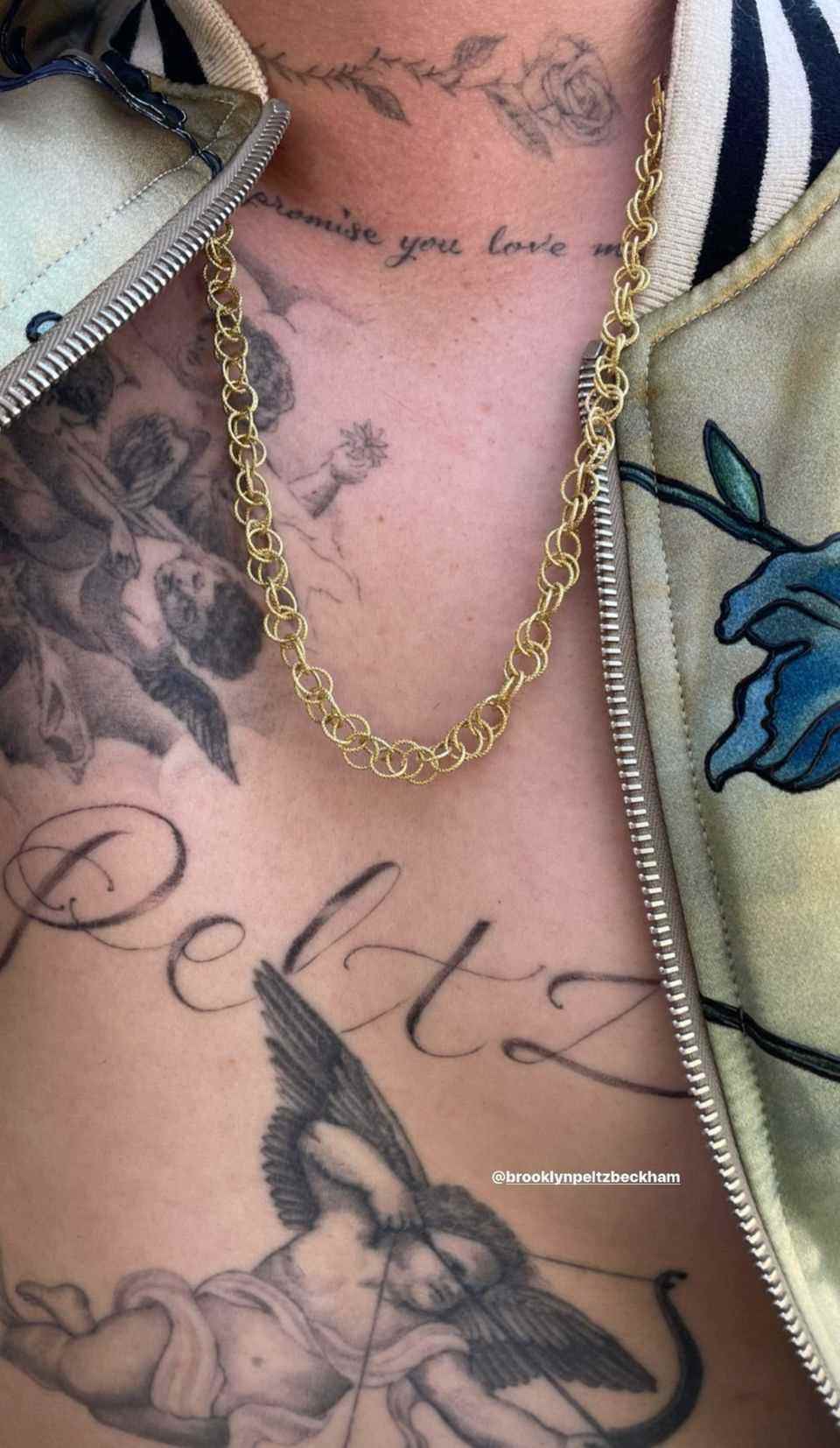 Brooklyn Beckham's tattoo with writing "Peltz"