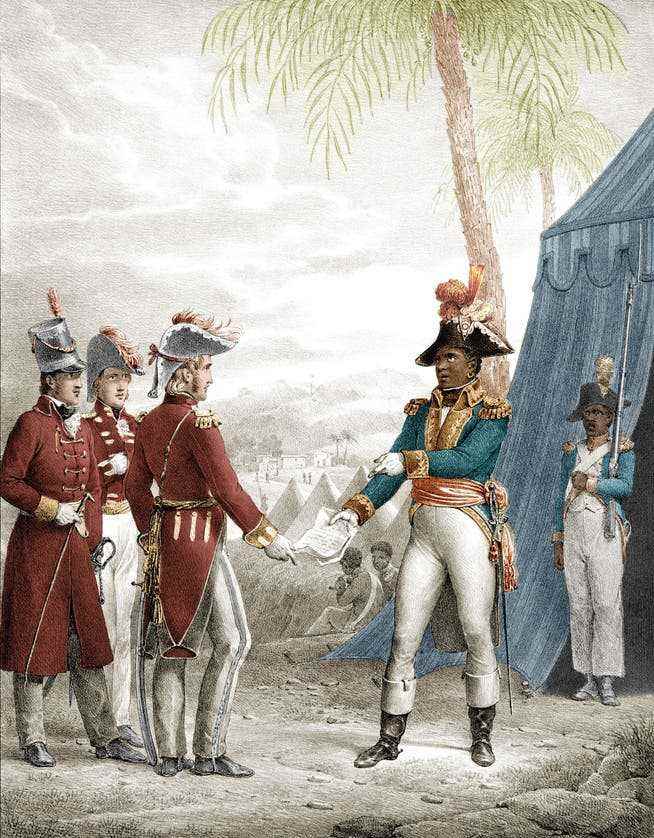 Toussaint Louverture in negotiations with the British.  Undated illustration (after an engraving made around 1821). 
