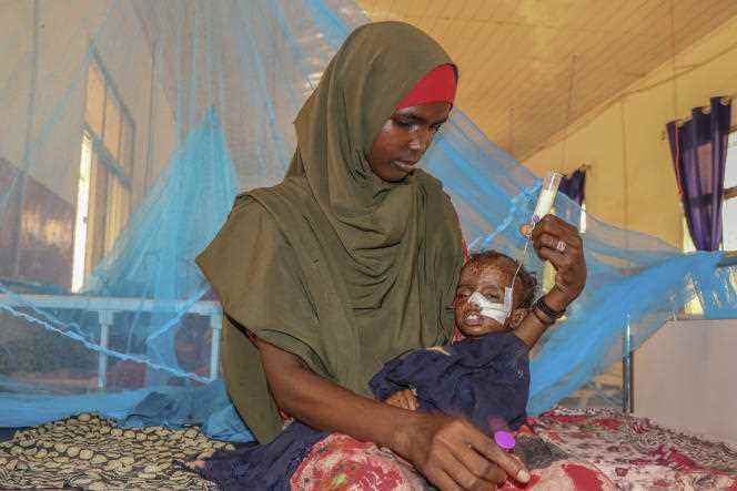 Adan, 1, is fed through a nasogastric tube to treat his severe acute malnutrition, at the stabilization center at Bay Regional Hospital in Baidoa, Somalia, in June 2022.