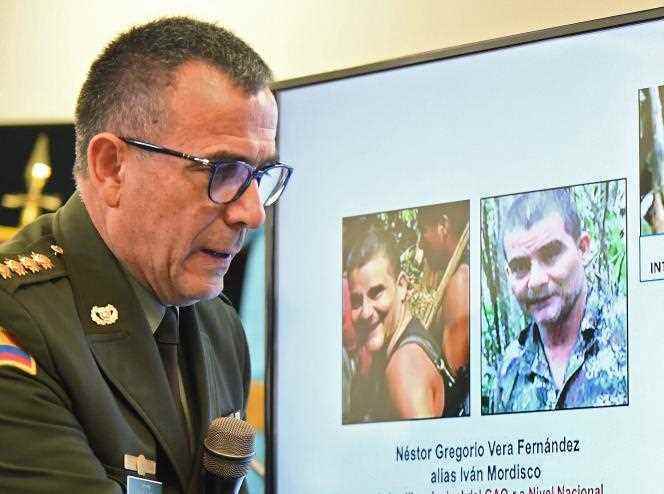 Colombian police commander Jose Luis Vargas gives a press conference a week after the army killed FARC dissident leader Nestor Vera, alias Ivan Mordisco, in Bogota on July 15, 2022.