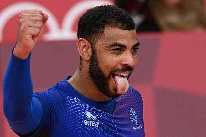 Earvin Ngapeth, player for the French volleyball team, during the Tokyo Olympics final against Russia, in August 2021.