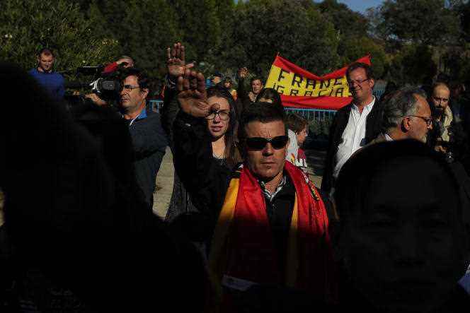 Fascist salute during a rally outside the Mingorrubio cemetery, where Francisco Franco's remains were transferred, on the outskirts of Madrid, Thursday, October 24, 2019.