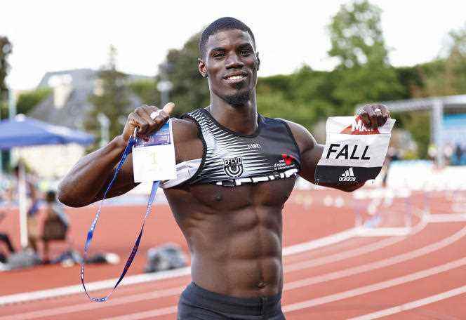 Mouhamadou Fall after his victory in the 100 meter event in Caen, June 25, 2022.