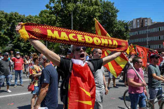 Demonstration in front of the Parliament of Skopje where an agreement ending the conflict with neighboring Bulgaria is voted, Saturday July 16, 2022.