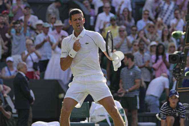 Novak Djokovic exults, Friday, July 8, after his victory over the Briton Cameron Norrie, which qualifies him for the Wimbledon final, where he is three times defending champion.