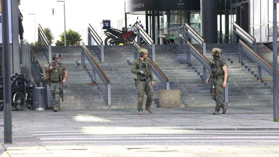 Armed men in front of the building.