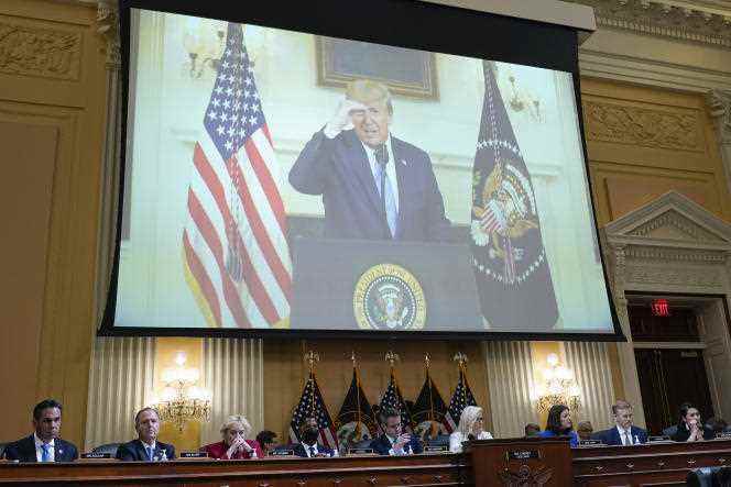 A video showing Donald Trump recording a statement is shown by the January 6, 2021 Inquiry, in Washington on July 21, 2022.  
