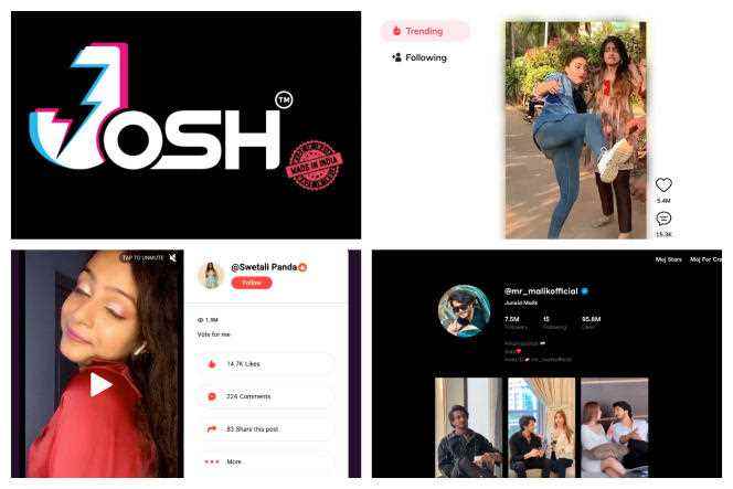 Logo, color code, navigation… the successors of TikTok in India are strongly inspired by the Chinese application.  From left to right and top to bottom, Josh, Mx TakaTak, Chingari, and Moj apps.