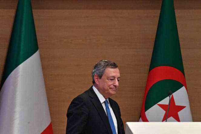 Italian Prime Minister Mario Draghi at the International Conference Center in Algiers on July 18, 2022.