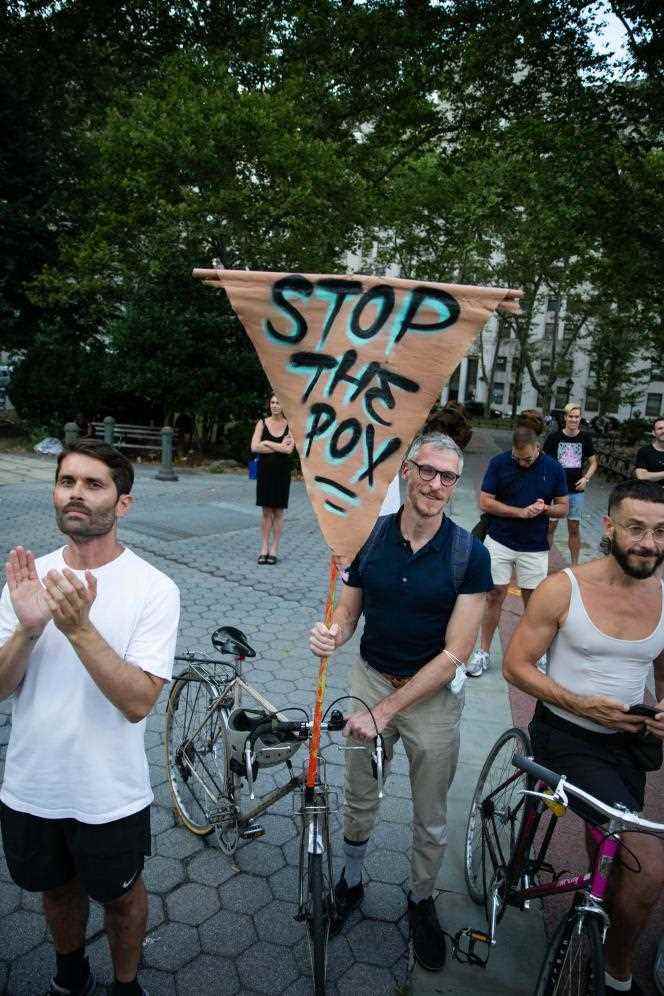About a hundred Act Up activists gathered in Foley Sqaure, in New York, to demand that the State provide better vaccine management of the smallpox epidemic of the sign which is rife in particular in the LGBTQ + community and in that sex workers, July 21, 2022.   