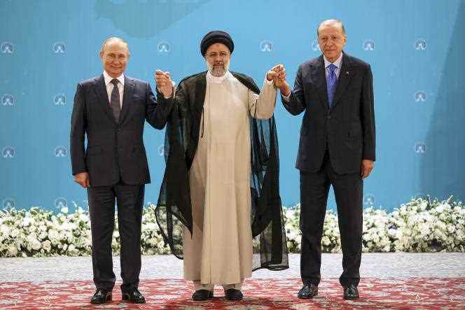 Russian Presidents Vladimir Putin, Iranian President Ebrahim Raisi and Turkish President Recep Tayyip Erdogan at Saadabad Palace in Tehran on July 19, 2022. 