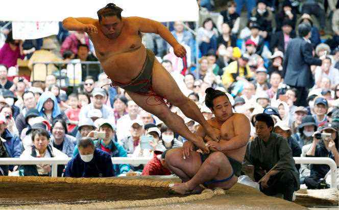 During an annual sumo tournament at Yasukuni Shrine in Tokyo on April 16, 2018.
