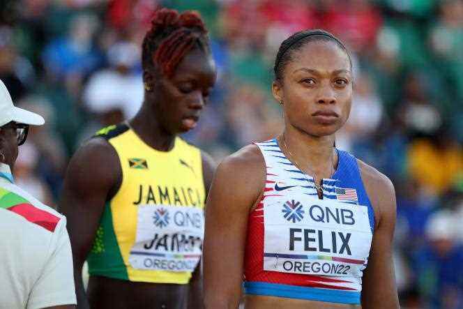 The American Allyson Felix before the start of the mixed 4x400m, Friday July 15 in Eugene, Oregon.