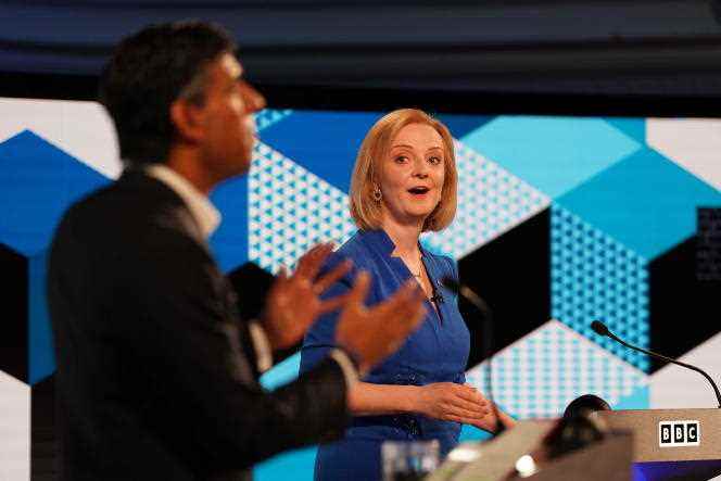 Liz Truss and Rishi Sunak during their first BBC debate, in Stoke-on-Trent, England on July 25, 2022. 