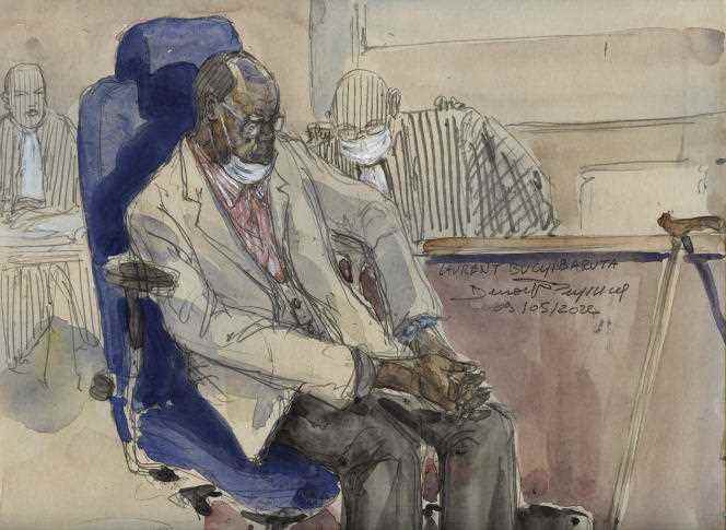 Courtroom sketch made on May 9, 2022 showing former senior Rwandan official Laurent Bucyibaruta during his trial for genocide at the Paris Assize Court.