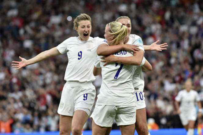 Beth Mead (centre) celebrates her goal against Austria on July 6, accompanied by Ellen White (left) and Georgia Stanway.