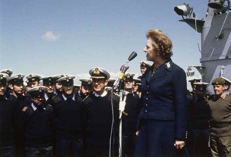 Memories of foreign policy glory: Margaret Thatcher arrives for a surprise visit to the Falkland Islands in 1983 after winning the war against Argentina.