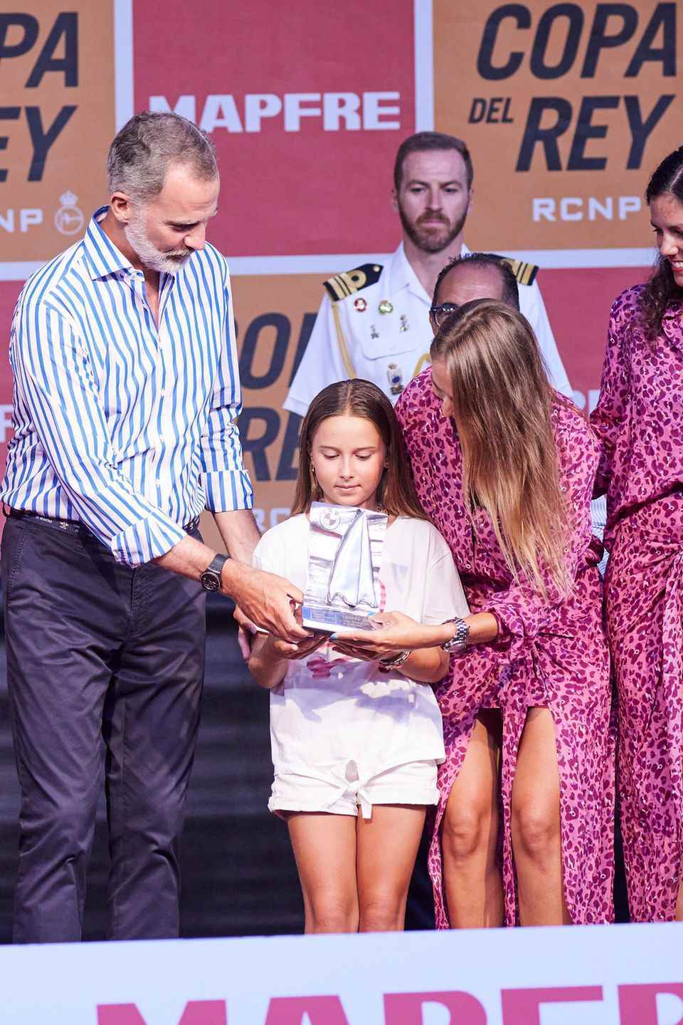 King Felipe at the award ceremony of the 40th sailing regatta "Copa del Rey Mapfre" at the Ses Voltes event center in the Parc de la Mar park in Palma de Mallorca on August 6, 2022.