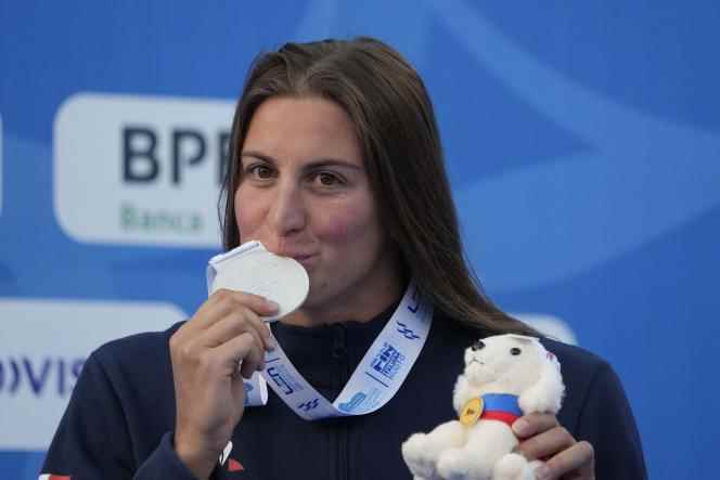 The French, Charlotte Bonnet, who came second, celebrates the end of the women's 100m freestyle final at the European Swimming Championships, in Rome, Friday August 12, 2022.