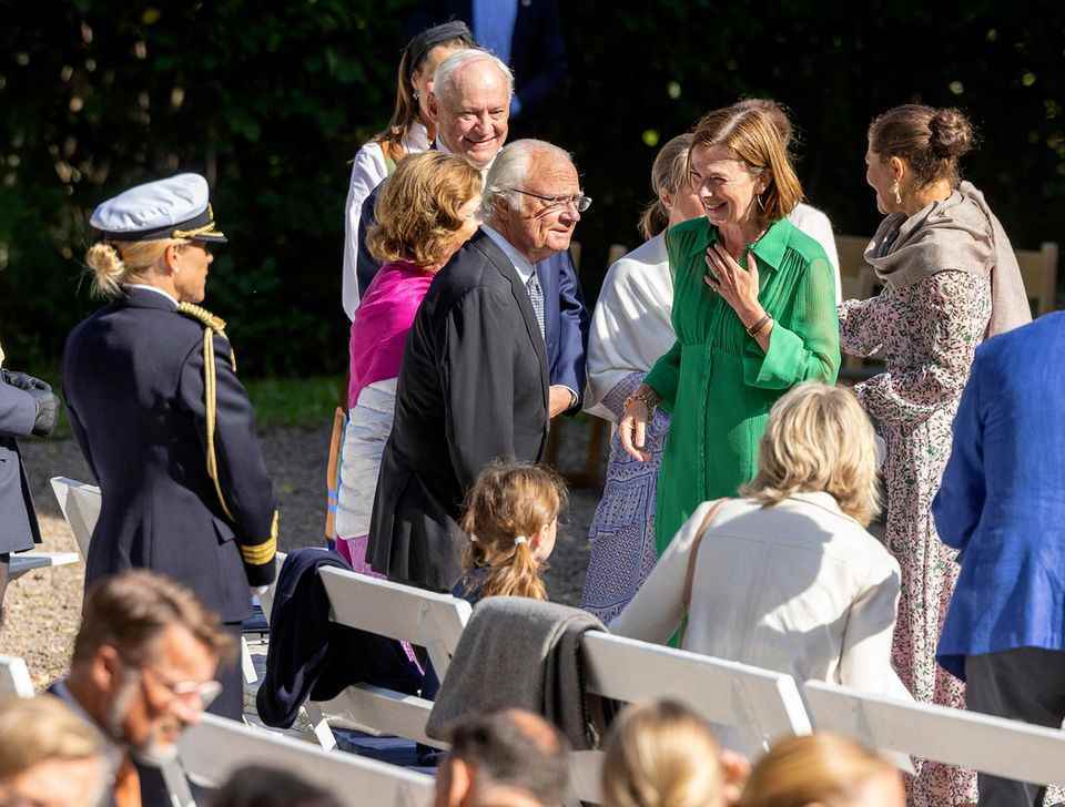 Crown Princess Victoria, Queen Silvia, King Carl Gustaf and Countess Anna Hamilton (in green dress) at the confirmation of Victoria's godchild Diana Engsäll at Medevi Brunn in Motala on August 5, 2022.