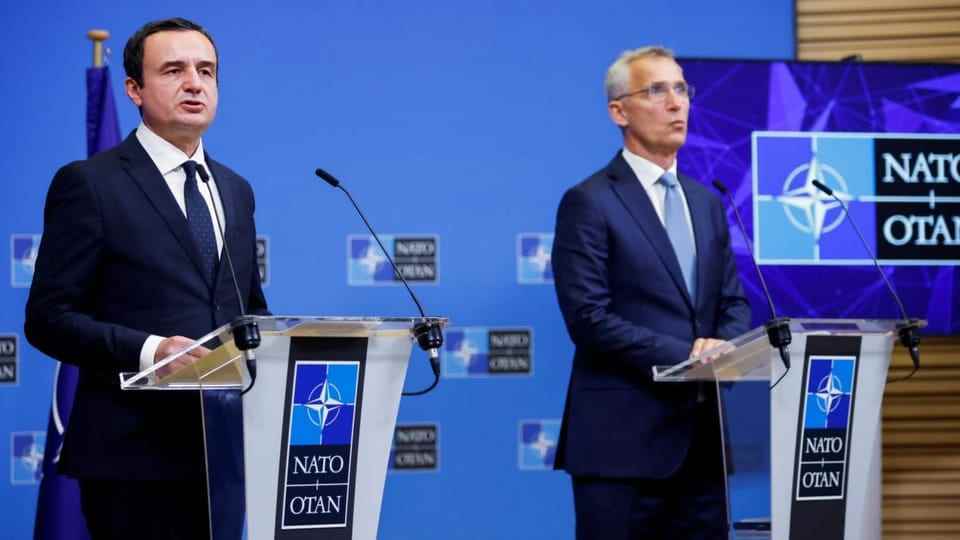 The Prime Minister of Kosovo, Albin Kurti, at a press conference with Jens Stoltenberg in Brussels