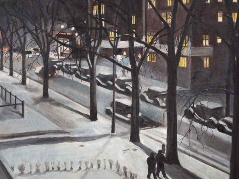 This 1936 oil night scene looks like a movie scene set in the winter of the 1930s.