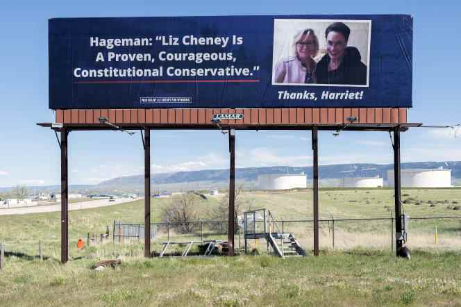 A poster of Liz Cheney thanks Harriet Hageman for her past support.  The two women are now rivals for the August 16 Republican primary.  In Casper, Wyoming, on May 26, 2022.