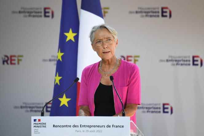 The Prime Minister, Elisabeth Borne, gives a speech in front of the Medef in Paris, Monday August 29, 2022.