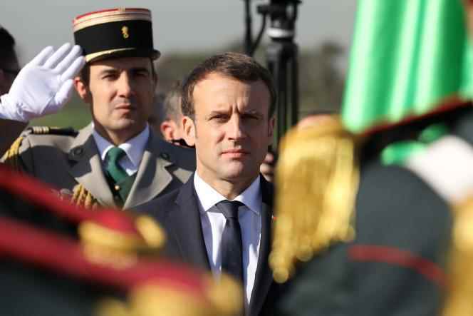 French President Emmanuel Macron at Algiers airport after arriving on December 6, 2017.