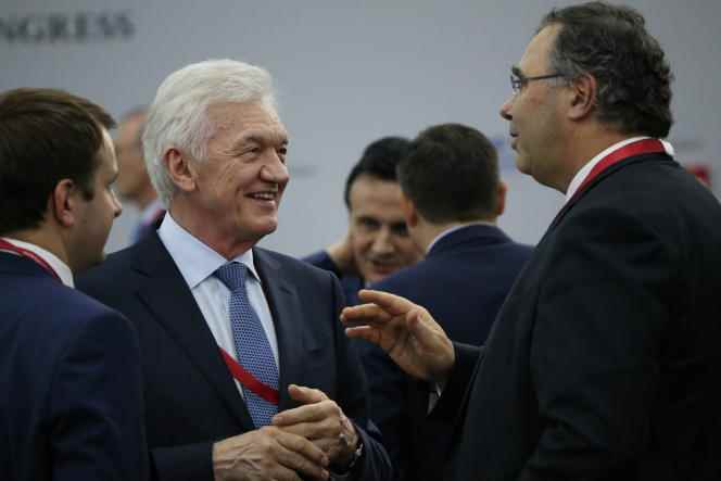 Russian oligarch Gennady Timchenko (left) with Total CEO Patrick Pouyanné (right) during a meeting with foreign businessmen at the SPIEF 2019 International Economic Forum in Saint Petersburg, Russia, 7 June 2019.