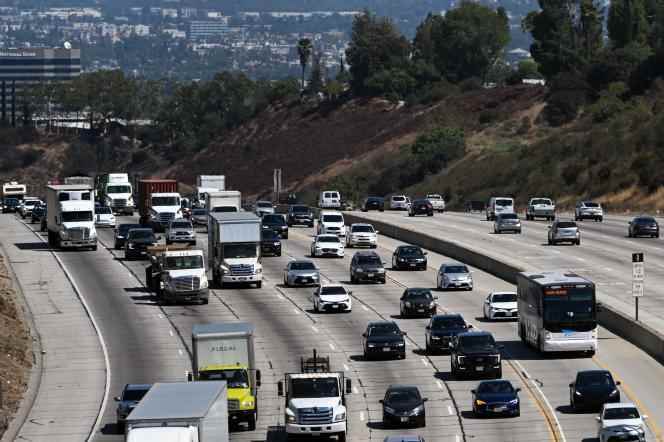 Vehicles drive on a freeway in Los Angeles, California on August 25, 2022.