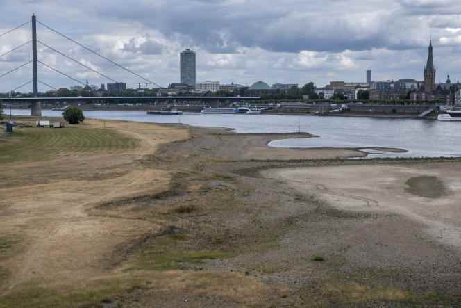 The bed of the Rhine has receded by around ten meters in certain places in Düsseldorf (Germany), on July 27, 2022. 