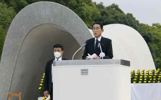 Japanese Prime Minister Fumio Kishida delivers a speech during the ceremony for the 77th anniversary of the Hiroshima bombing, in Hiroshima on August 6, 2022.