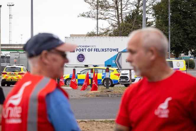 Workers from the Unite union picket outside the port of Felixstowe, UK, August 21, 2022. 
