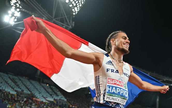 Frenchman Wilfried Happio wins the silver medal in the 400m hurdles at the European Athletics Championships in Munich, August 19, 2022.